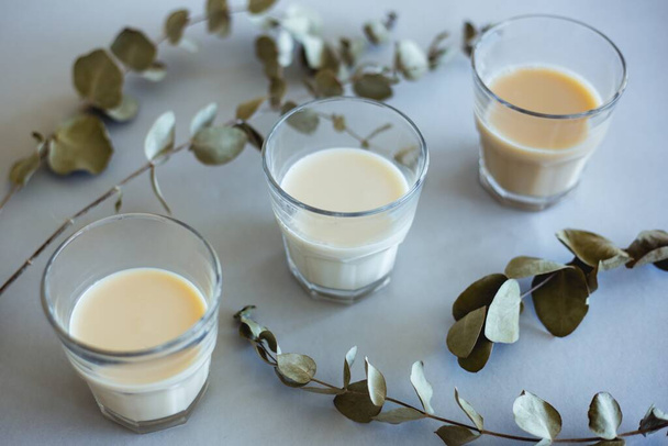 A closeup shot of three glasses of milk next to the green branches of a plant - Foto, Imagem