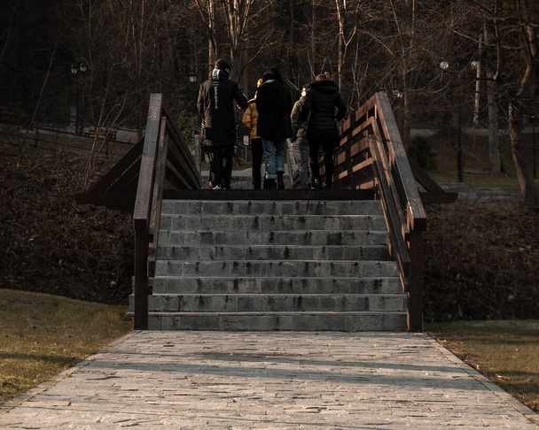 Группа людей поднимается по лестнице моста в парке в Чюлате (Румыния))  - Фото, изображение