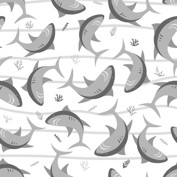 Vector shark sea animal wild hand drawn doodle illustrations set. Print for summer clothes girls or boys. - Vector, imagen