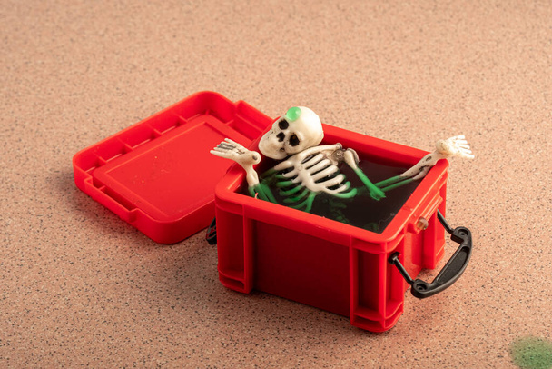 czaszkę i inne części szkieletu umieszcza się w zielonym płynie w czerwonym plastikowym pojemniku. otworzył stare pudełko. - Zdjęcie, obraz