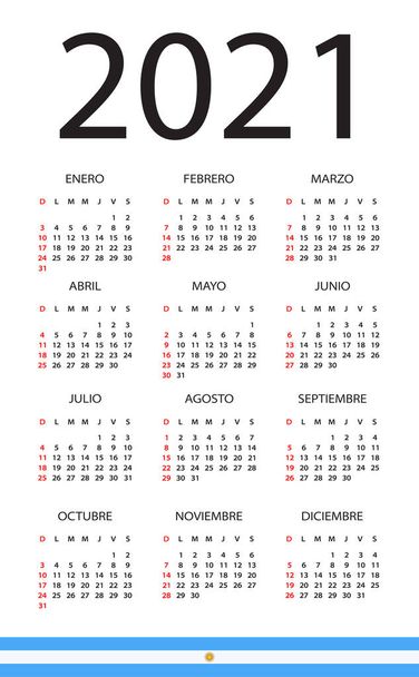 Farbvektorschablone des Kalenders 2021 - argentinische Version - Vektor, Bild