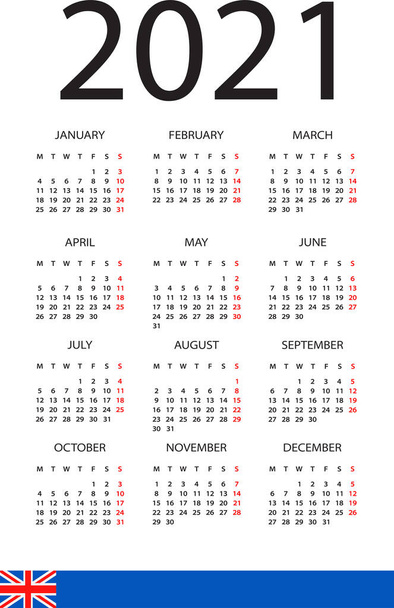 Ημερολόγιο 2021 έτος - διανυσματική απεικόνιση. Αγγλική έκδοση. Η εβδομάδα αρχίζει τη Δευτέρα - Διάνυσμα, εικόνα