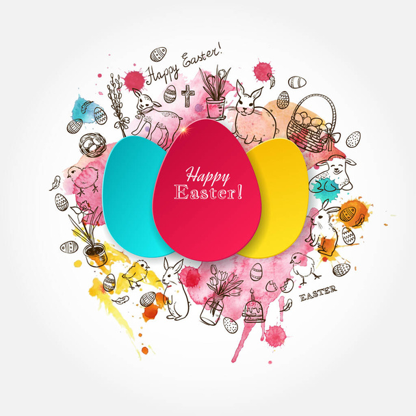 Paper egg banner with hand drawn  doodle Easter symbols and watercolor splashes. Happy Easter vector background. Egg sticker. Greeting card.  - Vector, Imagen