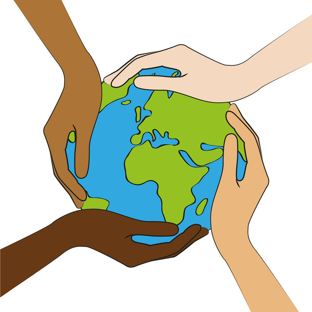 Земля планети посеред людських рук з різними кольорами шкіри
 - Вектор, зображення
