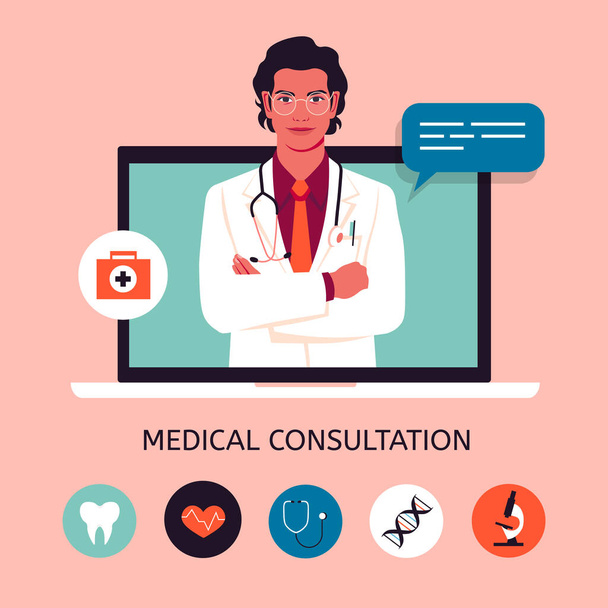 Een jonge dokter op het laptopscherm. Online medische consultatie en ondersteuning. Concept vector illustratie in platte stijl met pictogrammen. - Vector, afbeelding