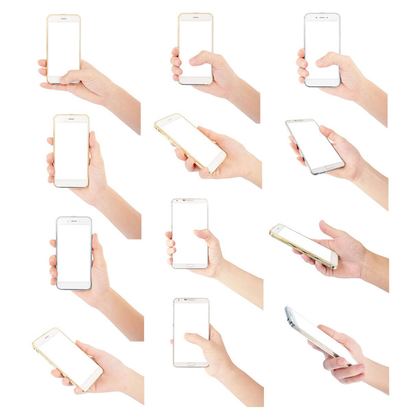 многократная коллекция правой руки женщины в жесте держать смартфон изолирован на белом фоне
 - Фото, изображение