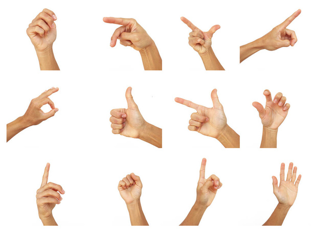 hand collectie van aziatische man in gebaren op witte achtergrond - Foto, afbeelding