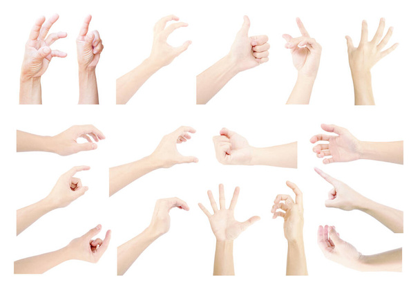Múltiples manos de colección en gestos simbólicos de la mano del hombre sobre fondo blanco aislado
 - Foto, imagen