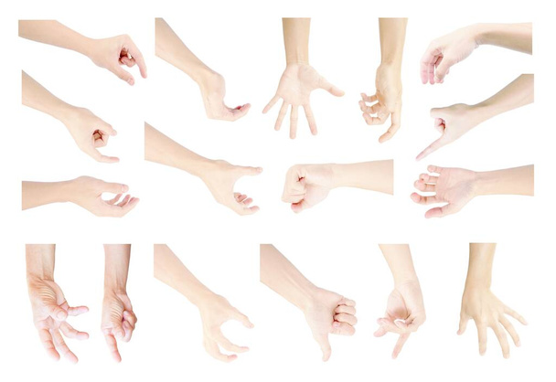 wiele kolekcja rąk w symboliczne gesty dłoni człowieka na izolowane na białym tle - Zdjęcie, obraz