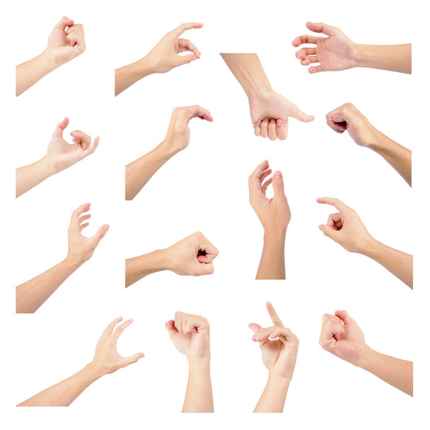 main de asiatique homme dans gestes avec main geste collection mis multiple isolé sur fond blanc - Photo, image