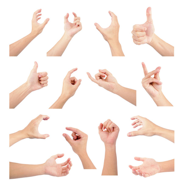 ręka azjatyckiego mężczyzny w gestach z kolekcji gestów dłoni zestaw wielu izolowanych na białym tle - Zdjęcie, obraz