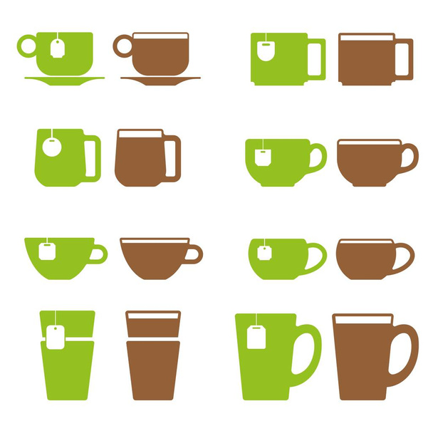 Çay ve kahve bardağı ikonu seti. Yanında çay poşetleri ve kağıt etiketler olan kupalar.. - Vektör, Görsel