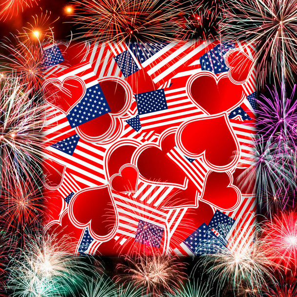 USA vlajka na pozadí Fireworks. Den nezávislosti 4. července, vlastenecká dovolená, koncepce oslav - Fotografie, Obrázek