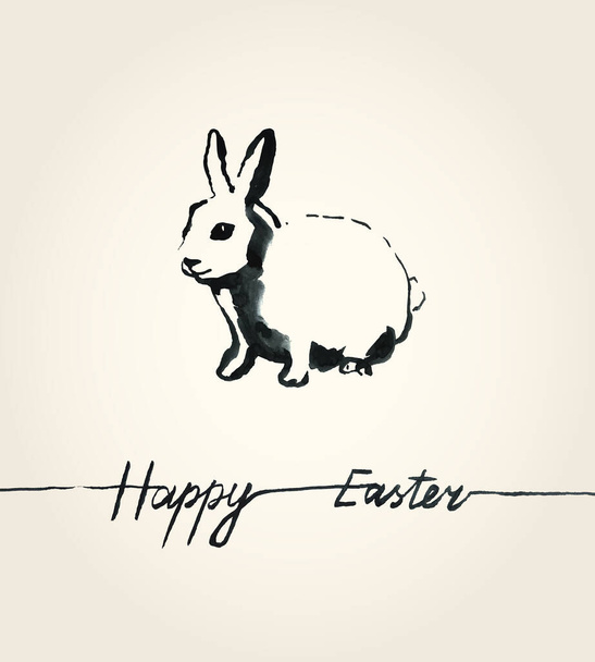 Happy Easter card with sketch ink hand drawn illustration of rabbit. Vector design - Vector, Imagen