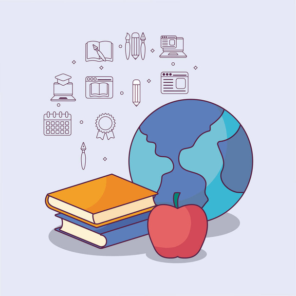 manzana del mundo con libro de educación y diseño de vectores conjunto de iconos
 - Vector, Imagen