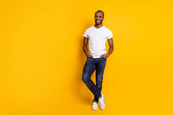 Full length photo of attractive nice afro american guy stand enjoy spring free time holiday weekend wear hipster style outfit shoes isolated over bright color background - Photo, Image