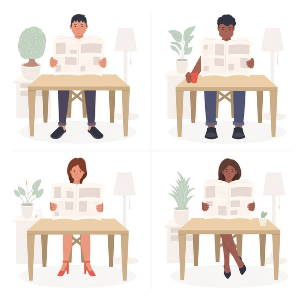Young African American and European people are sitting at the table and reading the newspaper. The guys and the girls read the press at home. Flat cartoon vector illustration - Vector, Image
