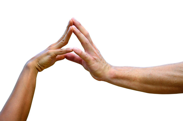 Lady en Gentleman handen in handen op geïsoleerde witte achtergrond, hand schudden - Foto, afbeelding