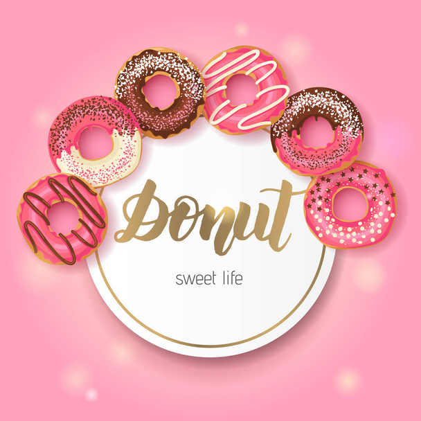 Vector Sweet background Frame with  glazed donuts with cherry and powder. Desert poster for menu and banners. Food design. Bakery shop - Vector, Image