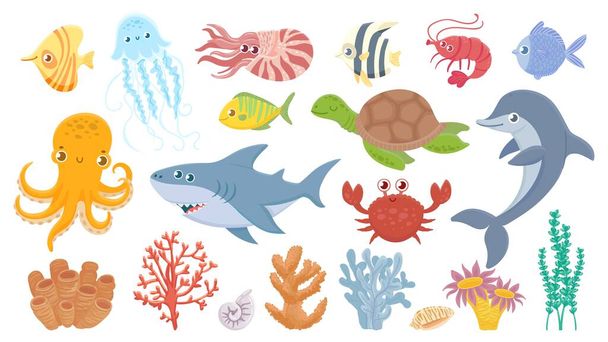 Vita marina dei cartoni animati. Carino il pesce di mare, coralli acquatici, meduse e polpi. Strano squalo e delfino. Granchio dell'oceano, tartaruga marina e gamberetti vettoriale illustrazione set - Vettoriali, immagini