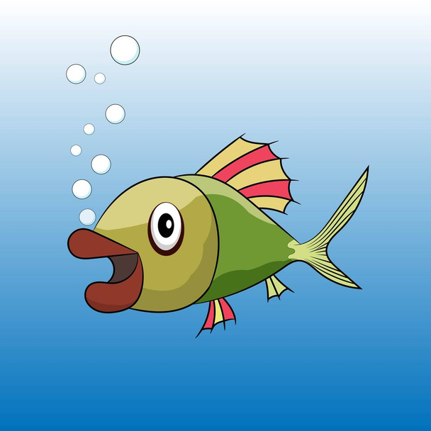 Roztomilé barevné kreslené tropické ryby vektorové ilustrace. Oceán jasné kreslené ryby s bublinami vzduchu a mořské řasy v jeho blízkosti pod vodou. - Vektor, obrázek