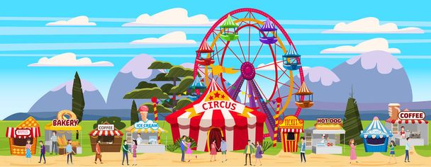 Huvipuisto ulkona festivaali Curcus teltta maailmanpyörä teltat Katos pikaruokaa ja juomia. Vierailijat miehet ja naiset viettävät vapaa-aikaansa. Vektorikuvaus eristetty - Vektori, kuva