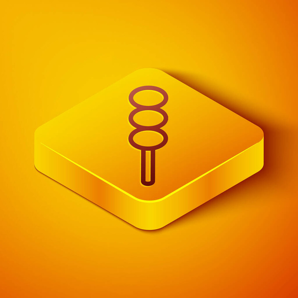 Isometric line Meatballs on wooden stick icon isolated on orange background. Skewer with meat. Yellow square button. Vector Illustration. - Vector, Image