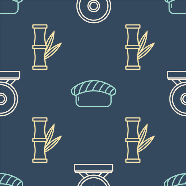 Set line Gong, Bamboo and Sushi on seamless pattern. Vector. - Vector, Image