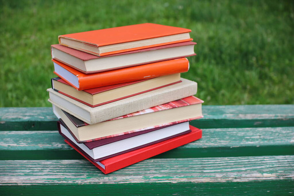 Stos książek na ławce w parku szkolnym - Zdjęcie, obraz