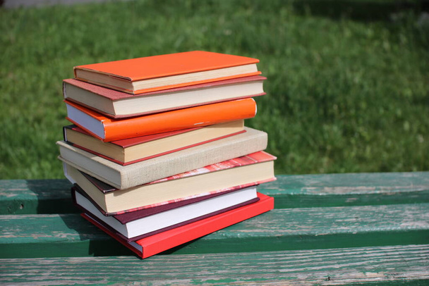 Stos książek na ławce w parku szkolnym - Zdjęcie, obraz