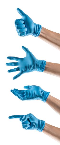 Niektóre ręce z niebieską rękawicą lateksową wykonując różne gesty - Zdjęcie, obraz