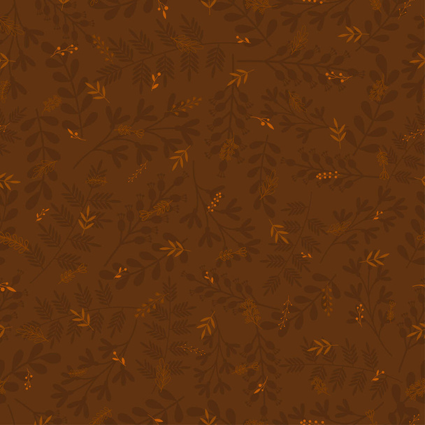 Floral seamless pattern with leaves, twigs, branches, berries,flowers. Vector illustration for fabric, wrapping paper, backgrounds, packaging.On a brown background. - Vector, imagen
