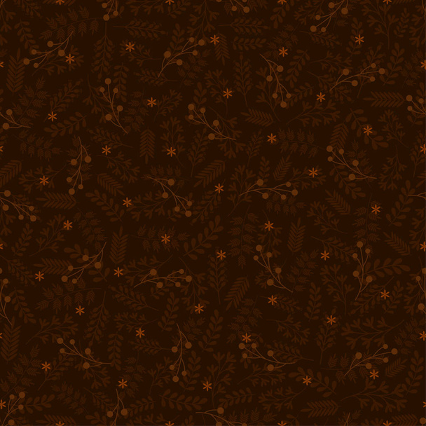 Floral seamless pattern with flowers,leaves, twigs, branches, berries. Vector illustration for fabric, wrapping paper, backgrounds, packaging.On a dark brown background. - Vector, imagen