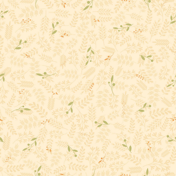 Floral seamless pattern with leaves,flowers, twigs, branches, berries. Vector illustration for fabric, wrapping paper, backgrounds, packaging.On a light beige background. - Vector, Imagen