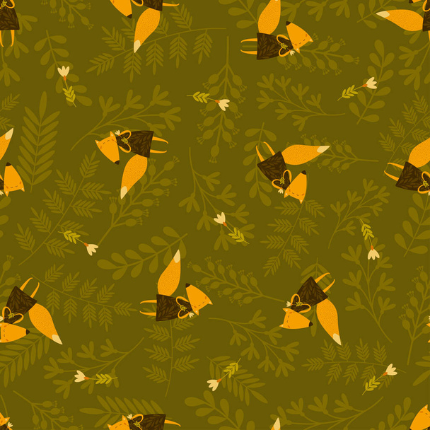 Vector seamless funny foxes pattern with floral elements. Illustration with cute cartoon animals, leaves, branches, flowers. For fabric, wrapping paper, backgrounds, packaging. - Vector, Imagen