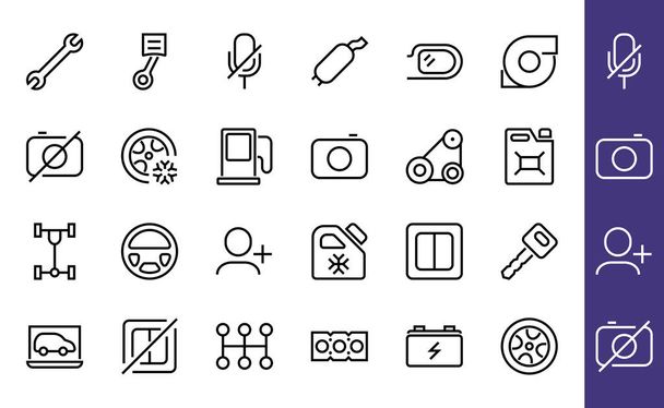 AUTO RÉSZEK Ikonokkal kapcsolatos vektorvonal ikonok beállítása. Tartalmaz ikonok, mint például alkatrészek, olaj, diagnosztika, turbina, kormánykerék, kulcs, alváz, sebességváltó és még sok más. Szerkeszthető stroke - Vektor, kép