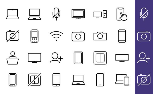 Dispositivos inteligentes y gadgets conjunto de iconos lineales, vector, contiene iconos de ordenador, cámara, ordenador portátil, teléfono, dispositivos web, aparatos electrónicos, y mucho más. Carrera editable - Vector, Imagen