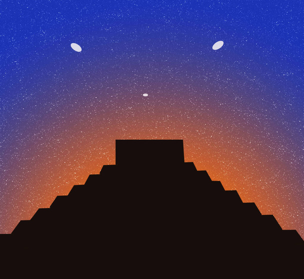 3d illustration of an Aztec or Maayan pyramid during the early morning with an UFO - Zdjęcie, obraz
