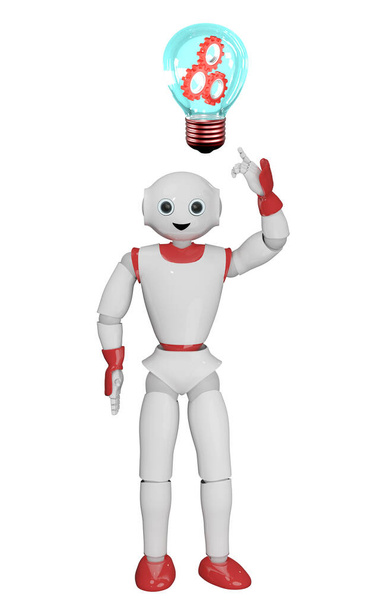 robot humanoïde pointe vers une ampoule avec des engrenages. Rendu 3d - Photo, image