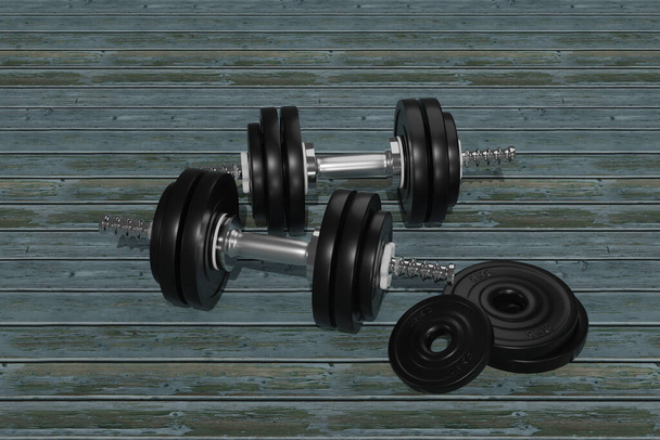 two dumbbells in close-up view on blue wooden floor. 3d rendering - Photo, Image