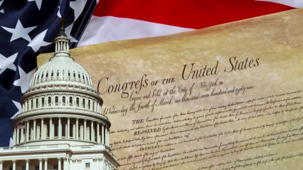 Geleneksel bayramı, Amerika Birleşik Devletleri Anayasası üzerine güzel renkli havai fişeklerle kutluyoruz. 1787 'deki Anayasa Sözleşmesi' nde Ulusal Arşiv 'in ilk dört sayfasının ilki.. - Video, Çekim