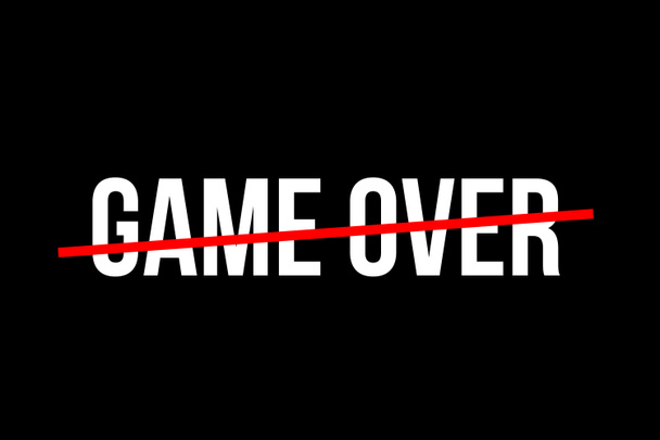 Game Over logo w kolorze białym z czerwoną linią ponad. Gracz gra w gry komputerowe konsoli i przegrywa. Gry czarne tło - Zdjęcie, obraz