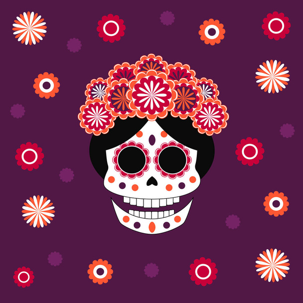 Vector colorido cráneo plano con corona de flores brillantes en estilo de dibujos animados sobre el fondo púrpura. Elementos para banners, diseños y juegos de dia de muertos y halloween
. - Vector, imagen