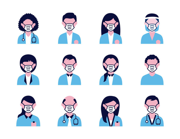 ομάδα ατόμων και ιατρών που φορούν ιατρικές μάσκες - Διάνυσμα, εικόνα