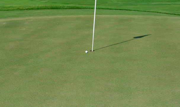 pohled shora na železnou golfovou hůl a míček na zelené trávě - Fotografie, Obrázek