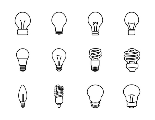 lâmpadas em espiral e luzes de lâmpada conjunto de ícones, estilo de linha
 - Vetor, Imagem