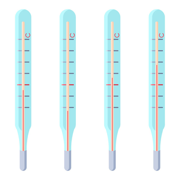 Mercury thermometers on white isolated backdrop. Sticker set for social banner or propaganda, website element, medical poster. Chemist shop logo or info card. Minimal style stock vector illustration - Vettoriali, immagini
