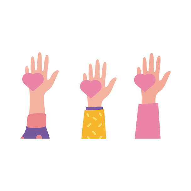 feliz celebración del día de la amistad con las manos levantando corazones pastel estilo plano
 - Vector, Imagen