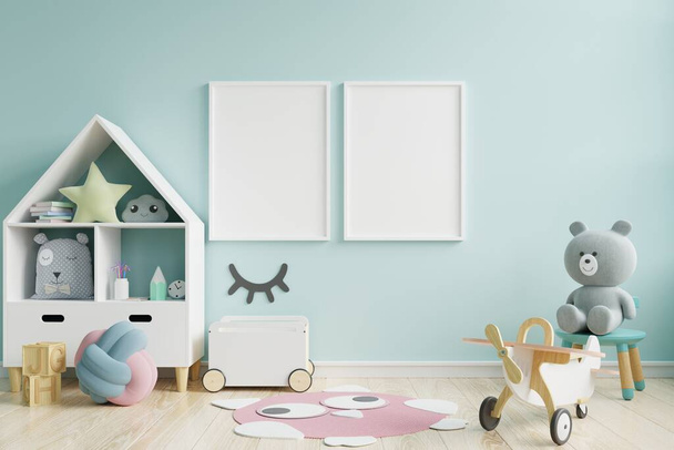 Falešný rámeček plakátu v dětském pokoji, dětský pokoj, dětský koutek, modrá stěna, 3D vykreslování - Fotografie, Obrázek