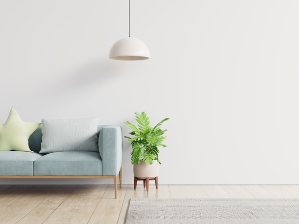Порожня вітальня з синім диваном, рослинами та столом на порожньому білому тлі стіни. 3D візуалізація
 - Фото, зображення